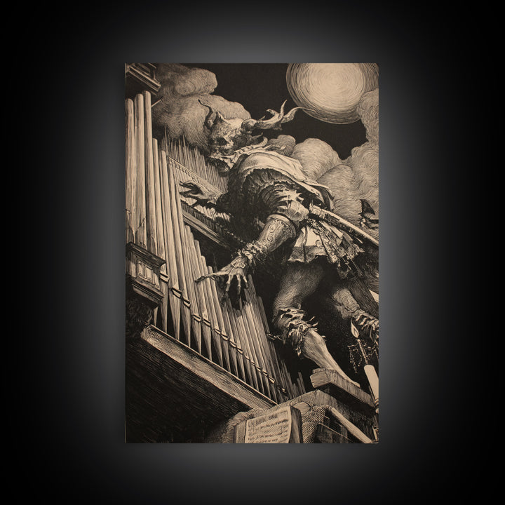 The Phantom Organist, Renaissance Engraving Art, Vertical Wall Art, Macabre Wall Art, Canvas Print, Halloween Wall Art, Statement Wall Art