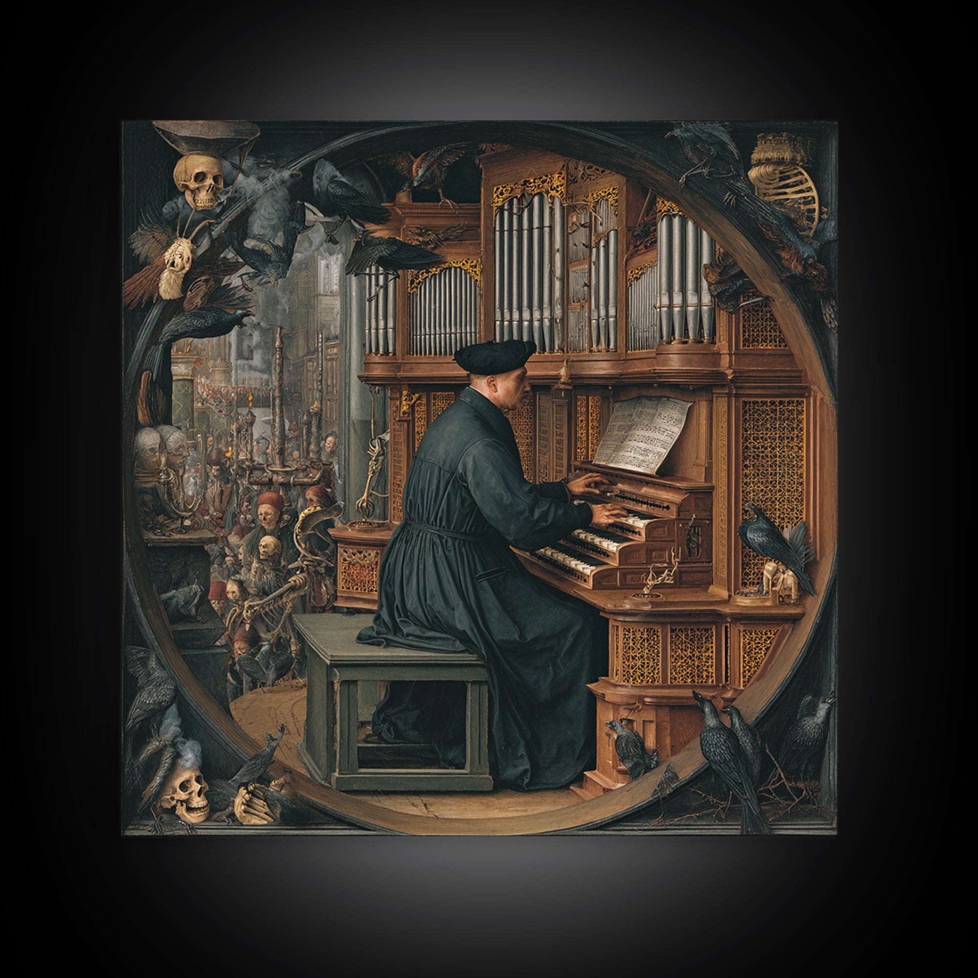 The Phantom Organist, Danse Macabre Art, Square Wall Art, Dark Halloween Decor, Canvas Print, Halloween Wall Art
