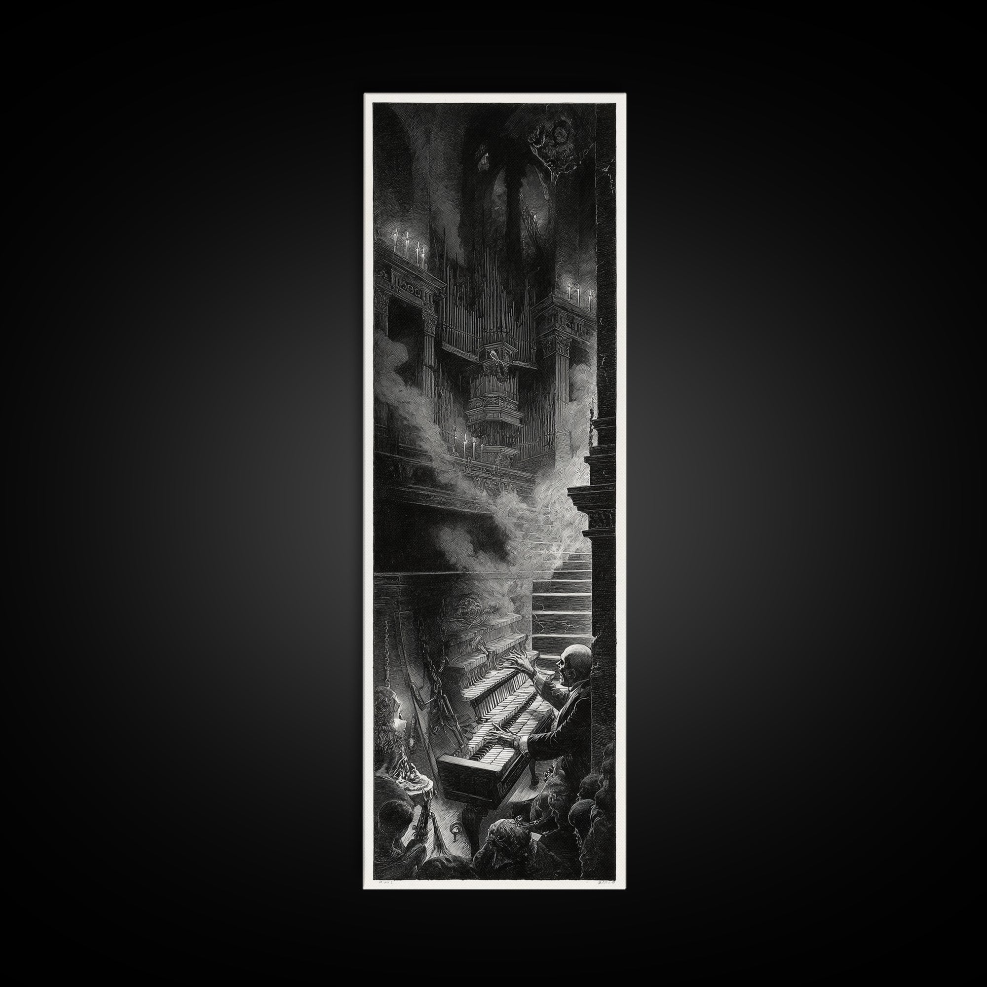 The Phantom Organist, Architectural Etching Art, Tall Narrow Wall Art, Macabre Wall Art, Canvas Print, Halloween Wall Art