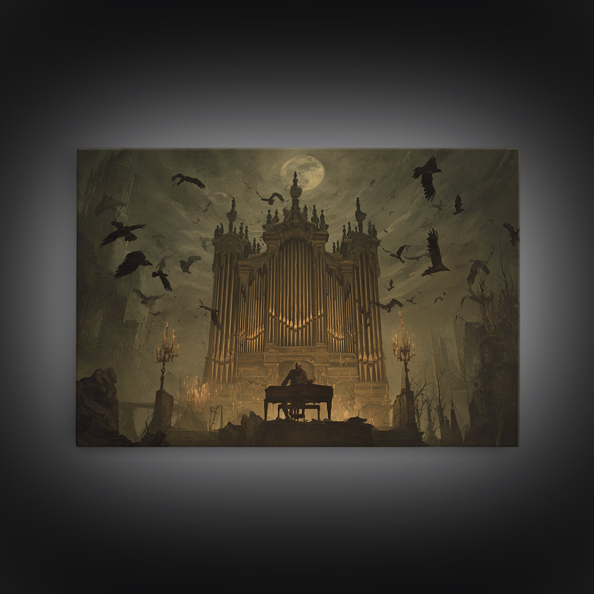 The Phantom Organist, Romantic Gothic Landscape, Landscape Wall Art, Dark Halloween Decor, Framed Canvas Print, Halloween Wall Art