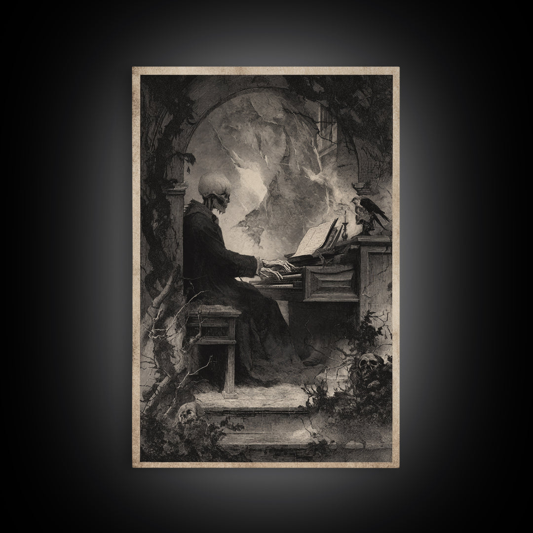 The Phantom Organist, Symbolist Dream Art, Vertical Wall Art, Gothic Horror Wall Art, Framed Canvas Print, Halloween Wall Art