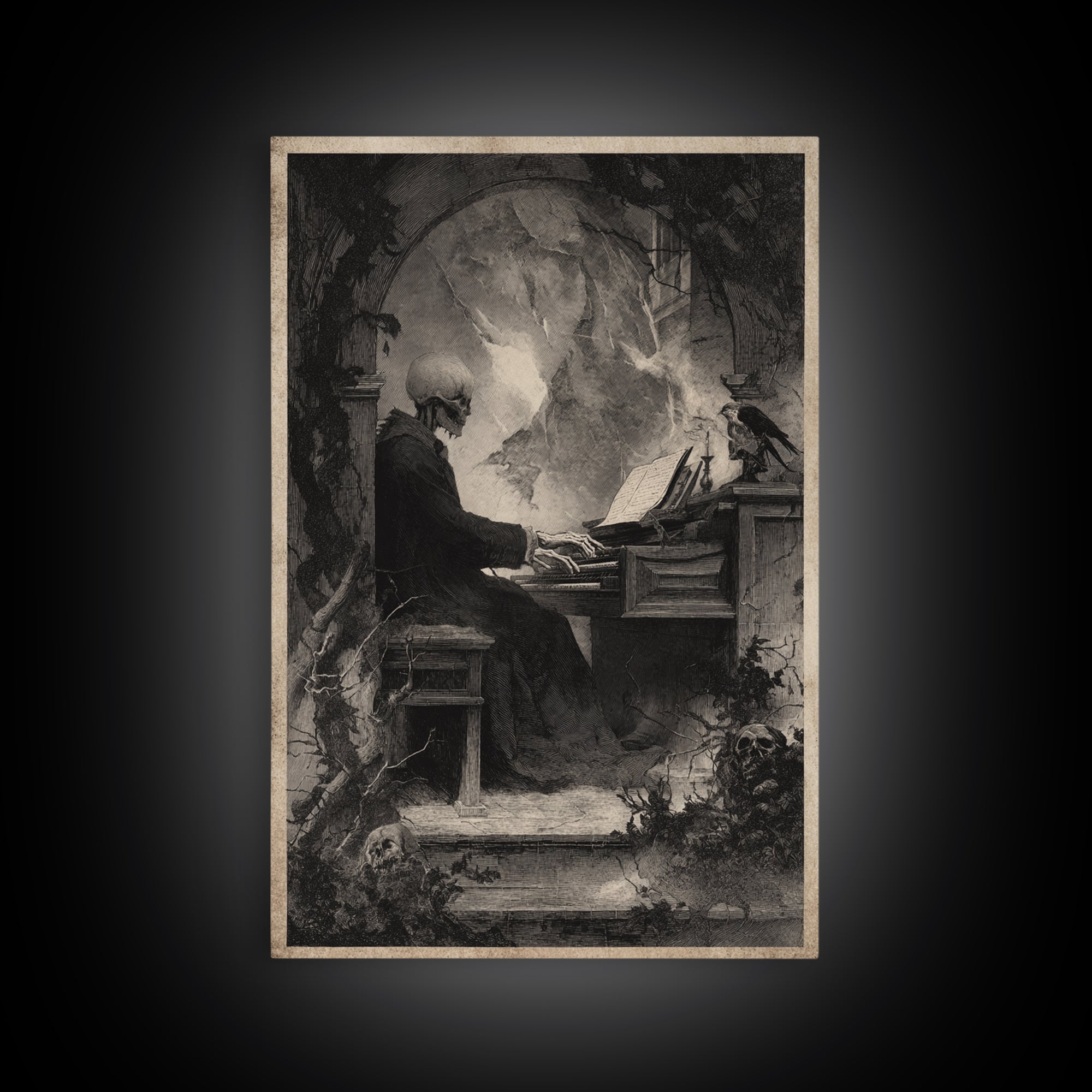 The Phantom Organist, Symbolist Dream Art, Vertical Wall Art, Gothic Horror Wall Art, Framed Canvas Print, Halloween Wall Art