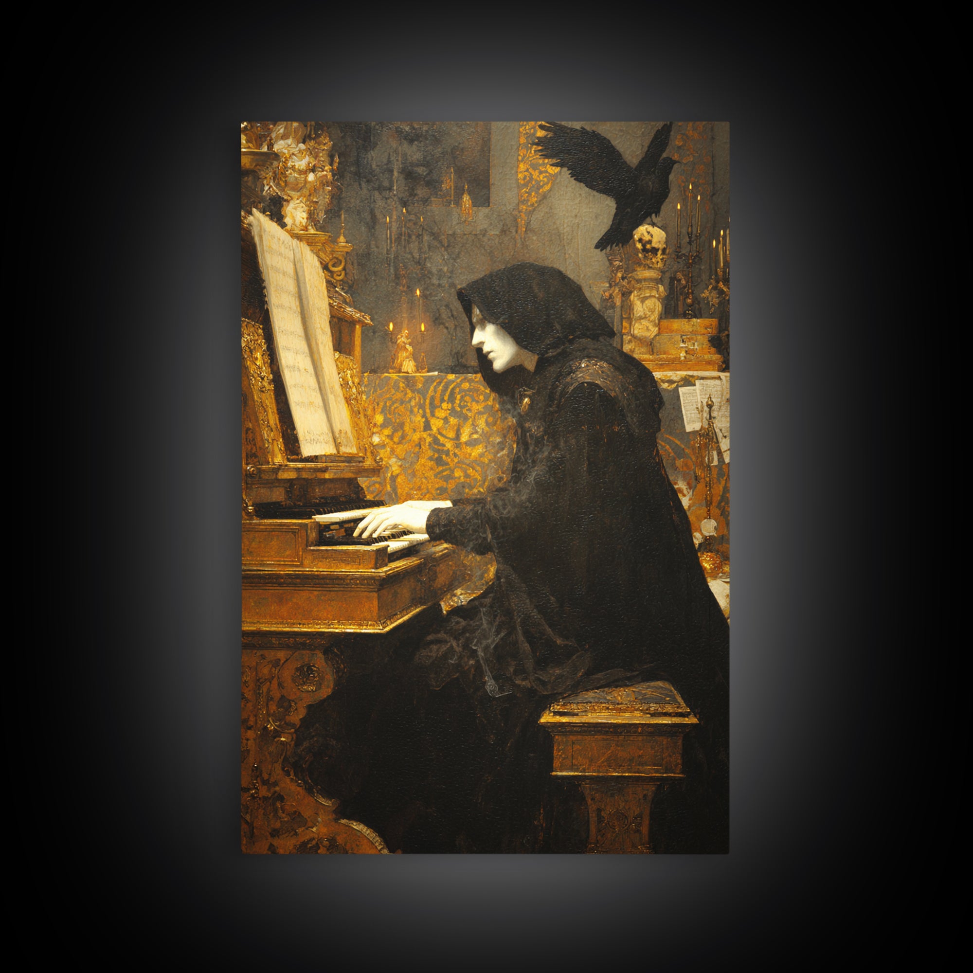 The Phantom Organist, Ornate Symbolist Art, Vertical Wall Art, Dark Fantasy Wall Art, Framed Canvas Print, Halloween Wall Art