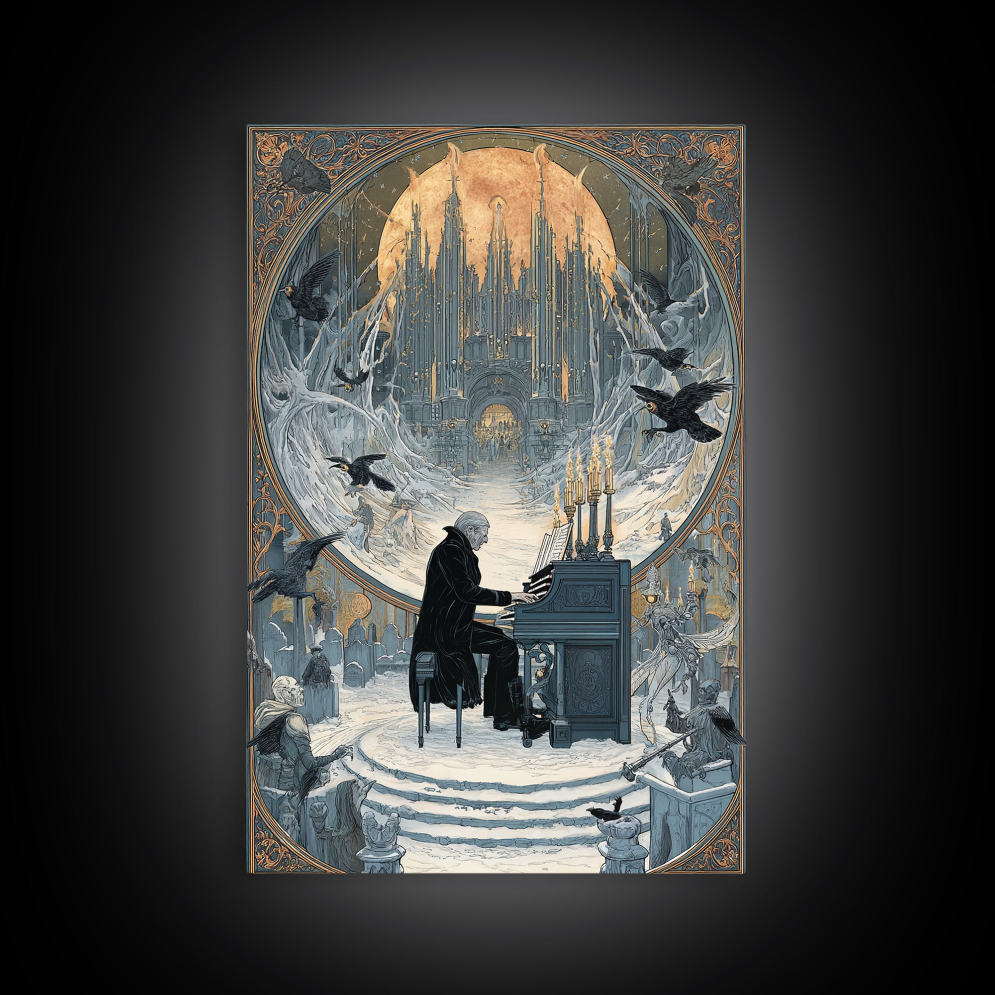 The Phantom Organist, Symbolist Death Art, Vertical Wall Art, Dark Fantasy Wall Art, Framed Canvas Print, Halloween Wall Art