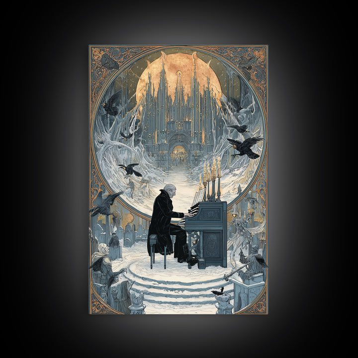 The Phantom Organist, Symbolist Death Art, Vertical Wall Art, Dark Fantasy Wall Art, Framed Canvas Print, Halloween Wall Art