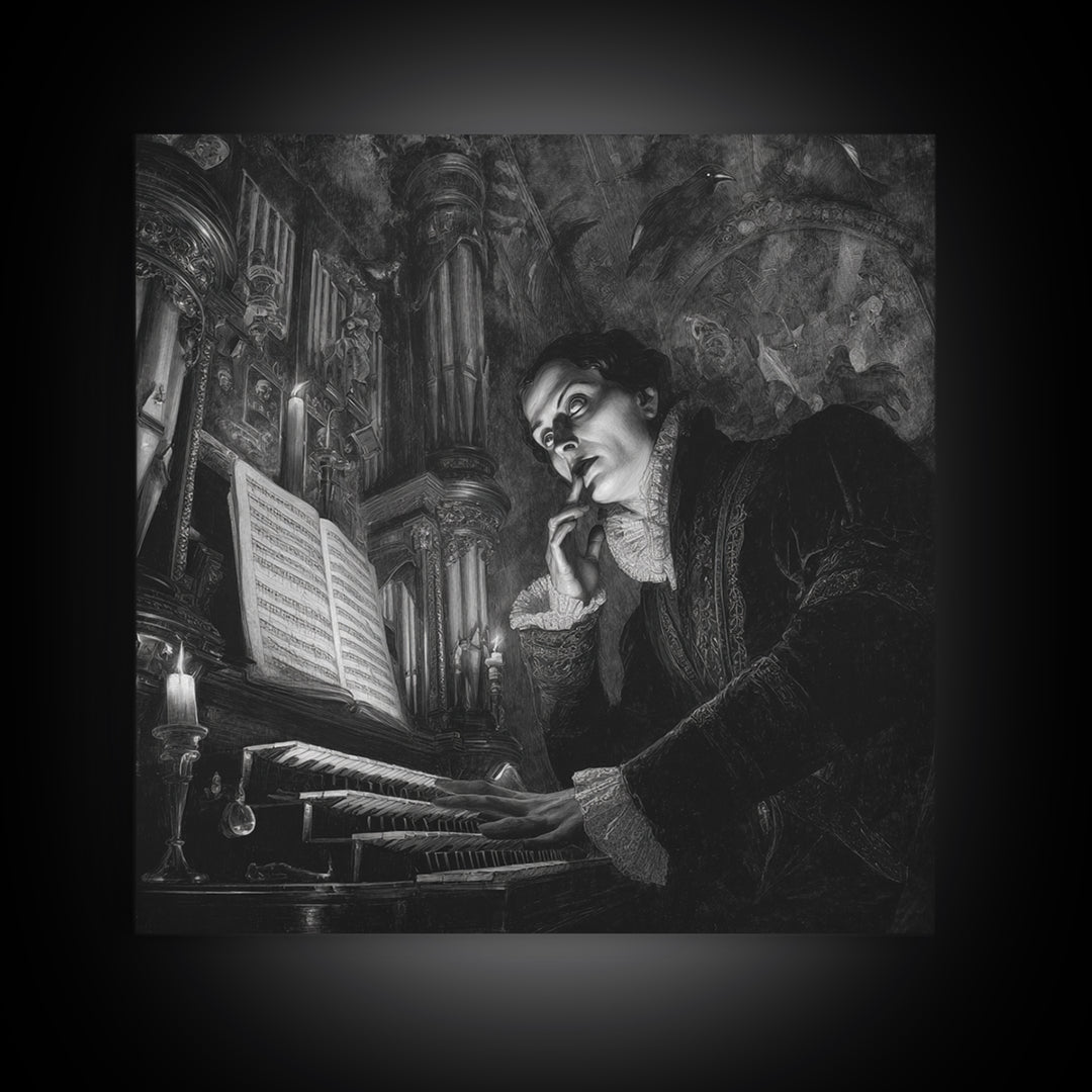 The Phantom Organist, Dark Symbolist Art, Square Wall Art, Dark Halloween Decor, Framed Canvas Print, Halloween Wall Art