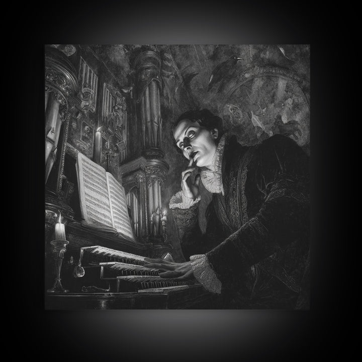 The Phantom Organist, Dark Symbolist Art, Square Wall Art, Dark Halloween Decor, Framed Canvas Print, Halloween Wall Art