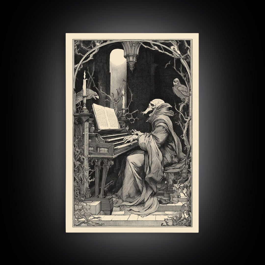 The Phantom Organist, Symbolist Etching Art, Vertical Wall Art, Dark Fantasy Wall Art, Framed Canvas Print, Halloween Wall Art