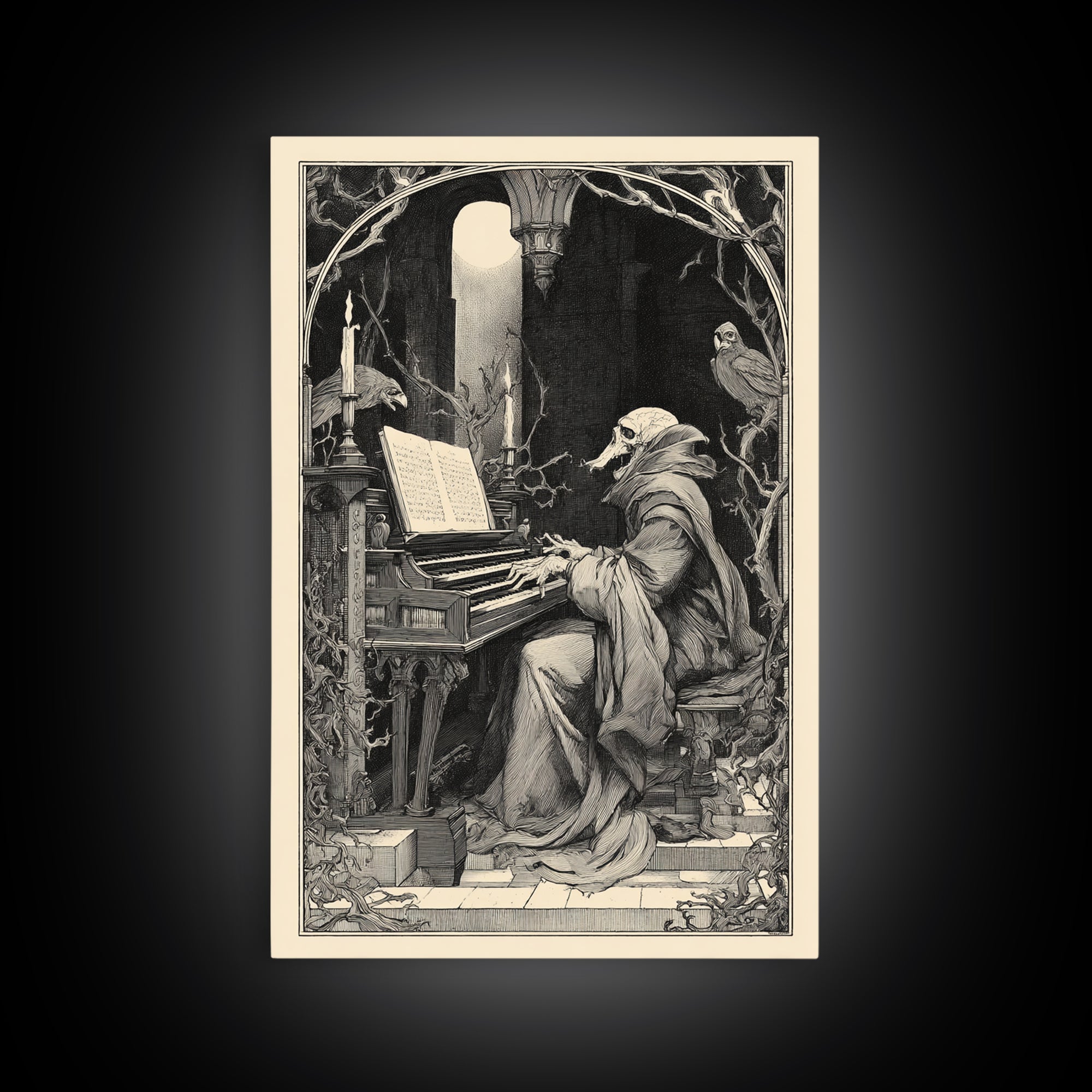 The Phantom Organist, Symbolist Etching Art, Vertical Wall Art, Dark Fantasy Wall Art, Framed Canvas Print, Halloween Wall Art