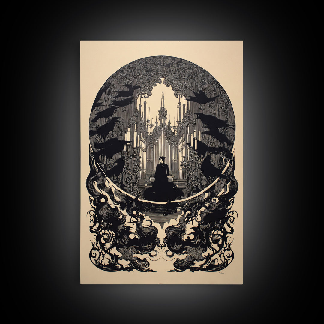 The Phantom Organist, Decadent Line Art, Vertical Wall Art, Gothic Horror Wall Art, Framed Canvas Print, Halloween Wall Art