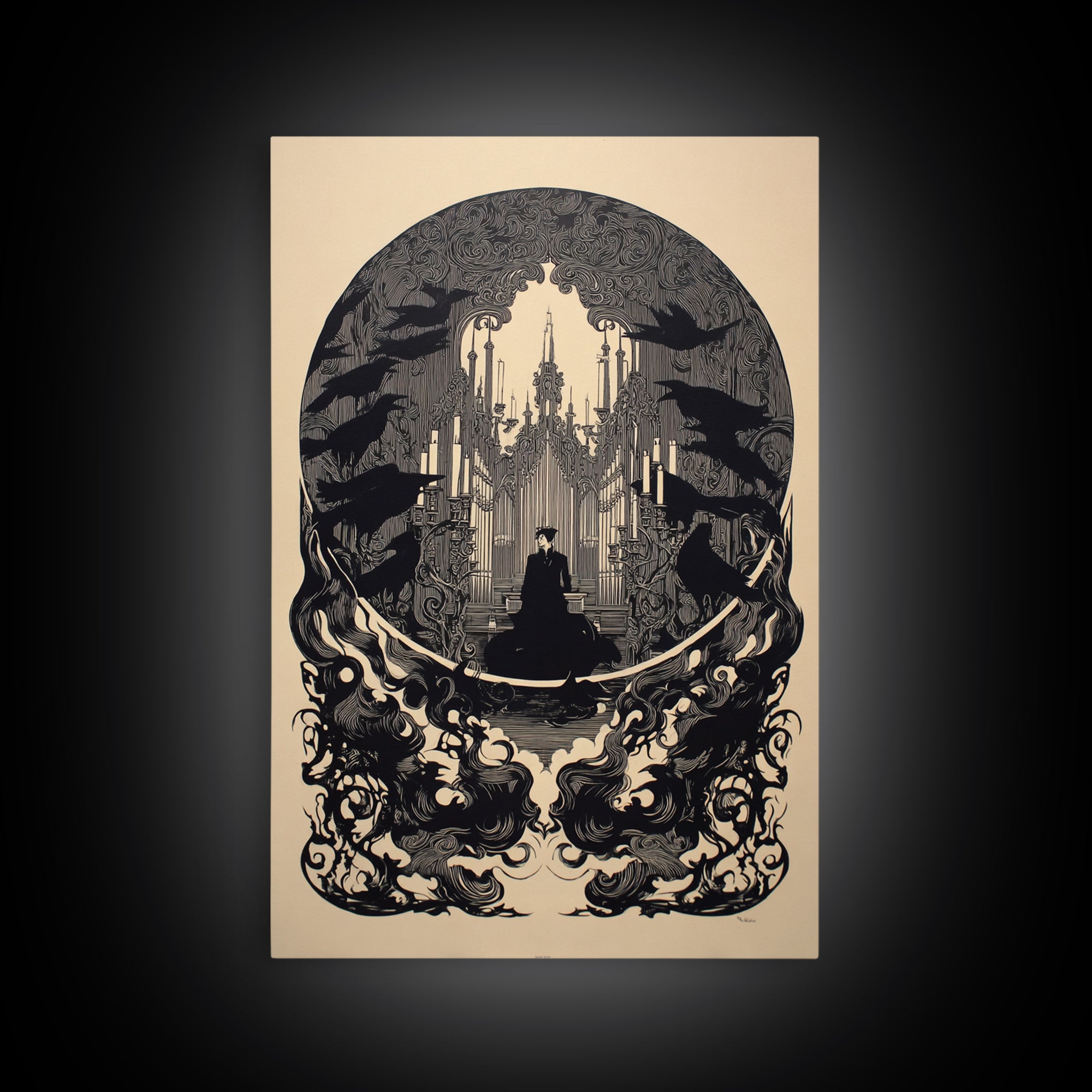 The Phantom Organist, Decadent Line Art, Vertical Wall Art, Gothic Horror Wall Art, Framed Canvas Print, Halloween Wall Art
