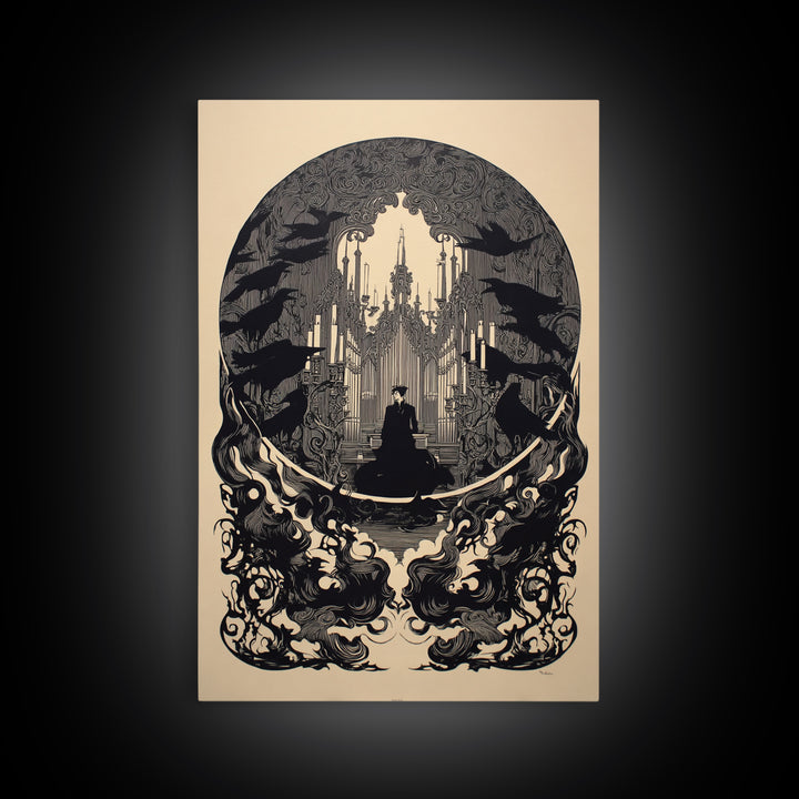 The Phantom Organist, Decadent Line Art, Vertical Wall Art, Gothic Horror Wall Art, Framed Canvas Print, Halloween Wall Art
