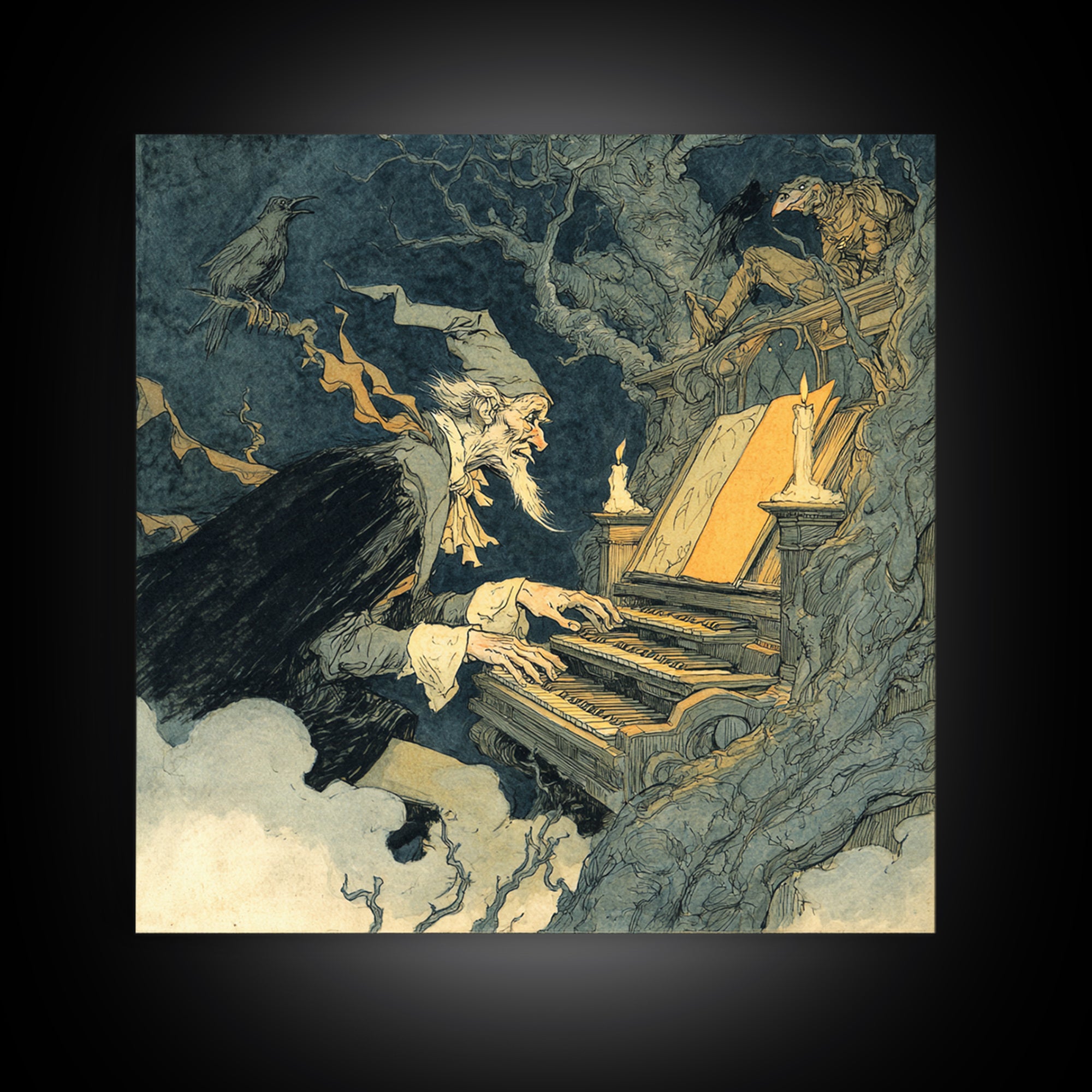 The Phantom Organist, Gothic Storybook Art, Square Wall Art, Dark Halloween Decor, Framed Canvas Print, Halloween Wall Art