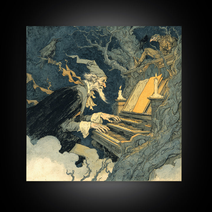 The Phantom Organist, Gothic Storybook Art, Square Wall Art, Dark Halloween Decor, Framed Canvas Print, Halloween Wall Art