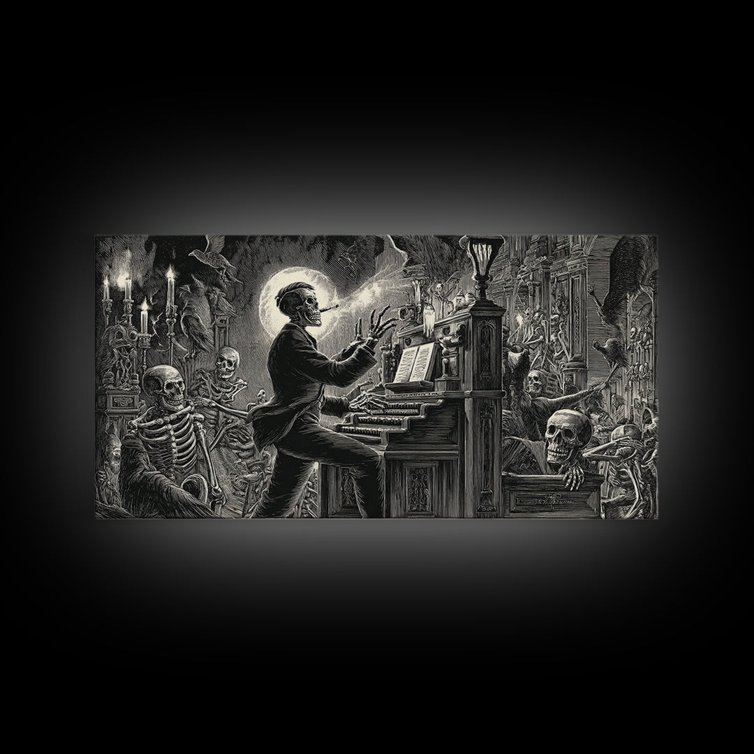 The Phantom Organist, Macabre Folk Print Art, Wide Panoramic Art, Dark Fantasy Wall Art, Framed Canvas Print, Halloween Wall Art