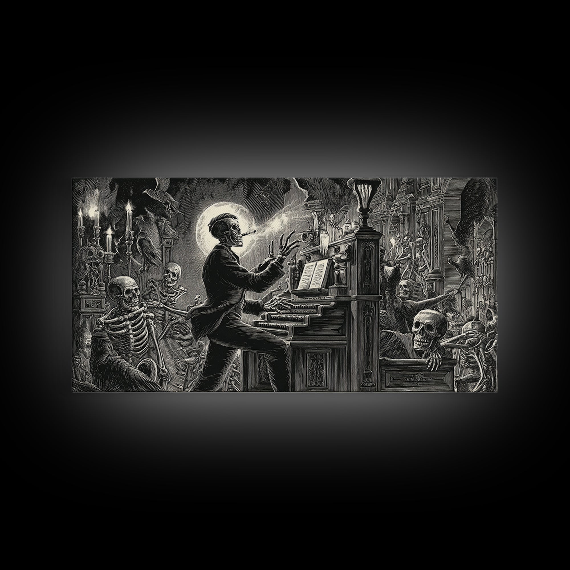The Phantom Organist, Macabre Folk Print Art, Wide Panoramic Art, Dark Fantasy Wall Art, Framed Canvas Print, Halloween Wall Art