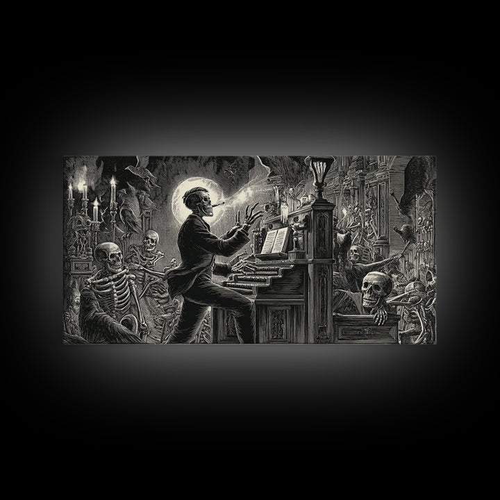 The Phantom Organist, Macabre Folk Print Art, Wide Panoramic Art, Dark Fantasy Wall Art, Framed Canvas Print, Halloween Wall Art