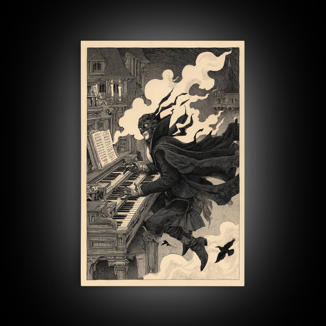 The Phantom Organist, Victorian Macabre Art, Vertical Wall Art, Gothic Horror Wall Art, Framed Canvas Print, Halloween Wall Art