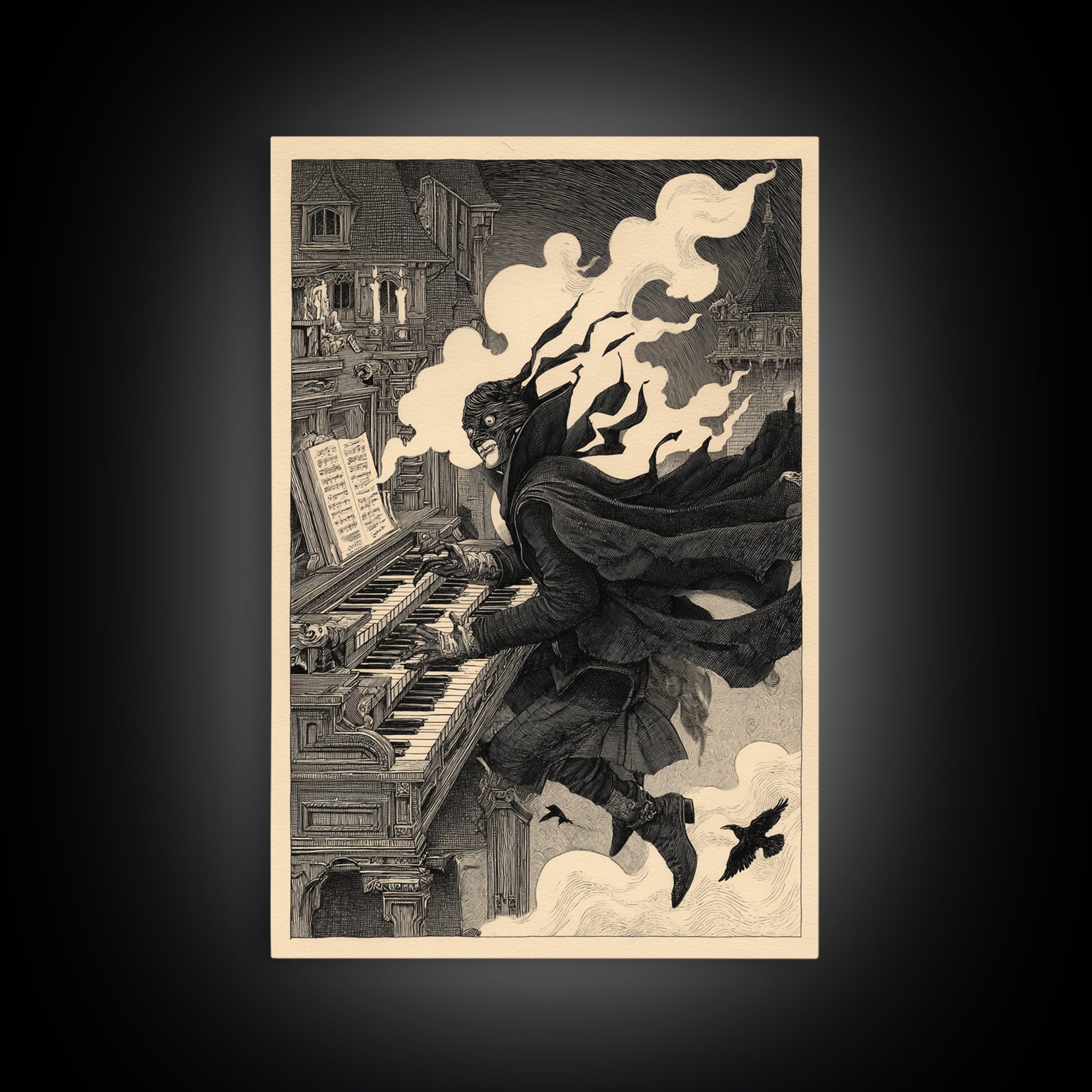 The Phantom Organist, Victorian Macabre Art, Vertical Wall Art, Gothic Horror Wall Art, Framed Canvas Print, Halloween Wall Art