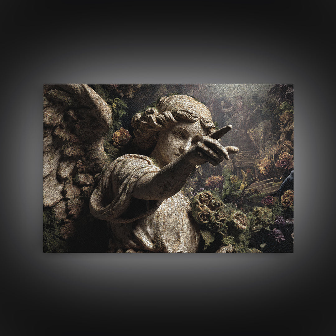 The Weeping Cemetery Angel, Medieval Grotesque Art, Landscape Wall Art, Dark Halloween Decor, Framed Canvas Print, Halloween Wall Art