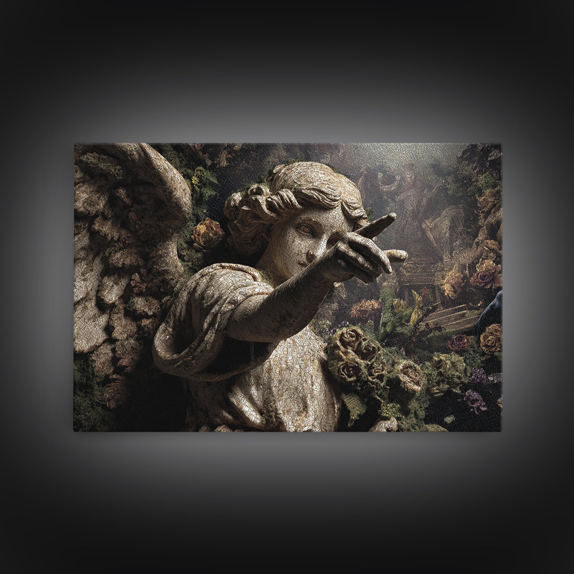 The Weeping Cemetery Angel, Medieval Grotesque Art, Landscape Wall Art, Dark Halloween Decor, Framed Canvas Print, Halloween Wall Art