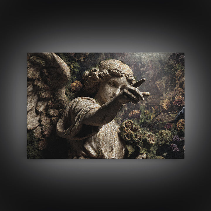 The Weeping Cemetery Angel, Medieval Grotesque Art, Landscape Wall Art, Dark Halloween Decor, Framed Canvas Print, Halloween Wall Art