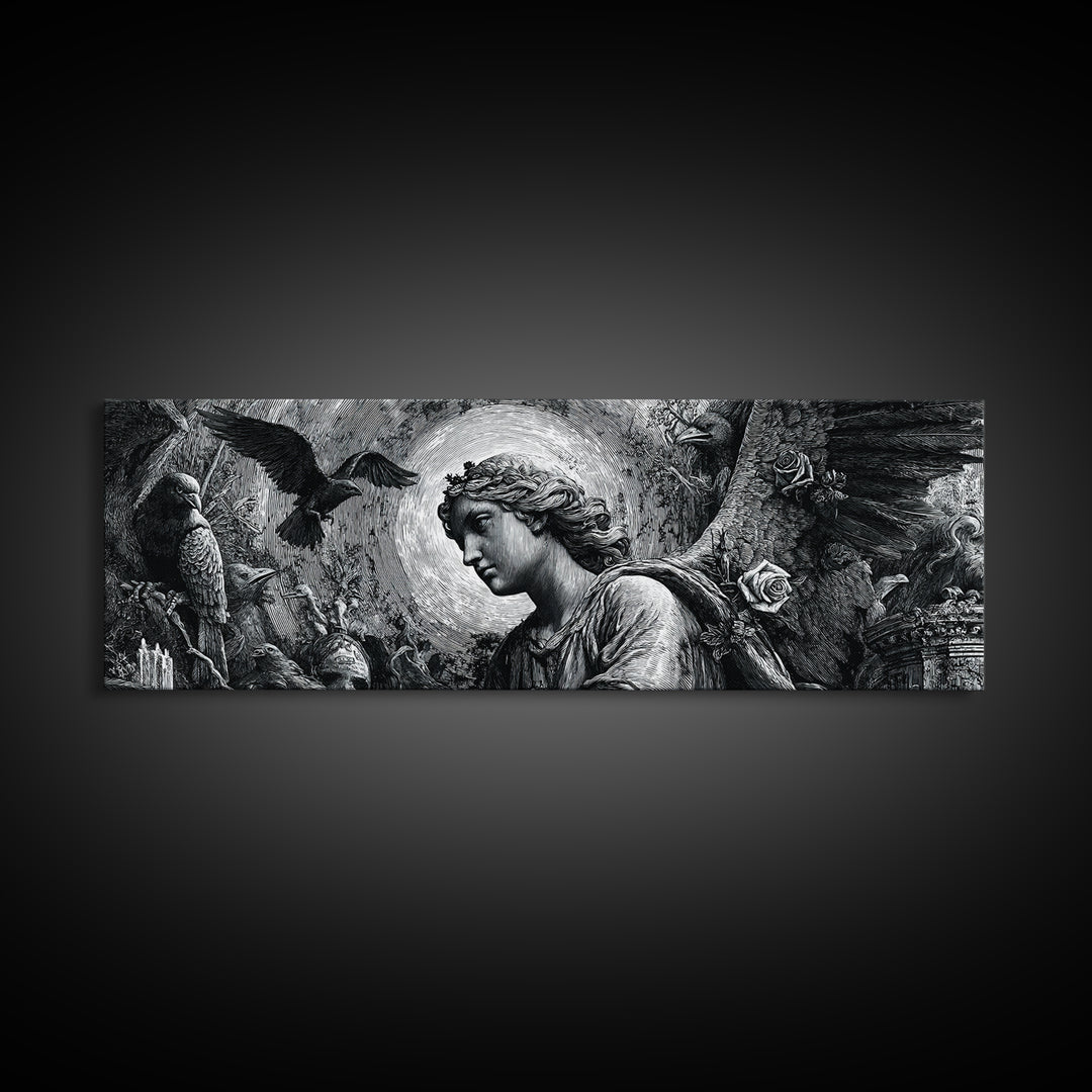 The Weeping Cemetery Angel, Renaissance Engraving Art, Extra Wide Wall Art, Dark Fantasy Wall Art, Canvas Print, Halloween Wall Art