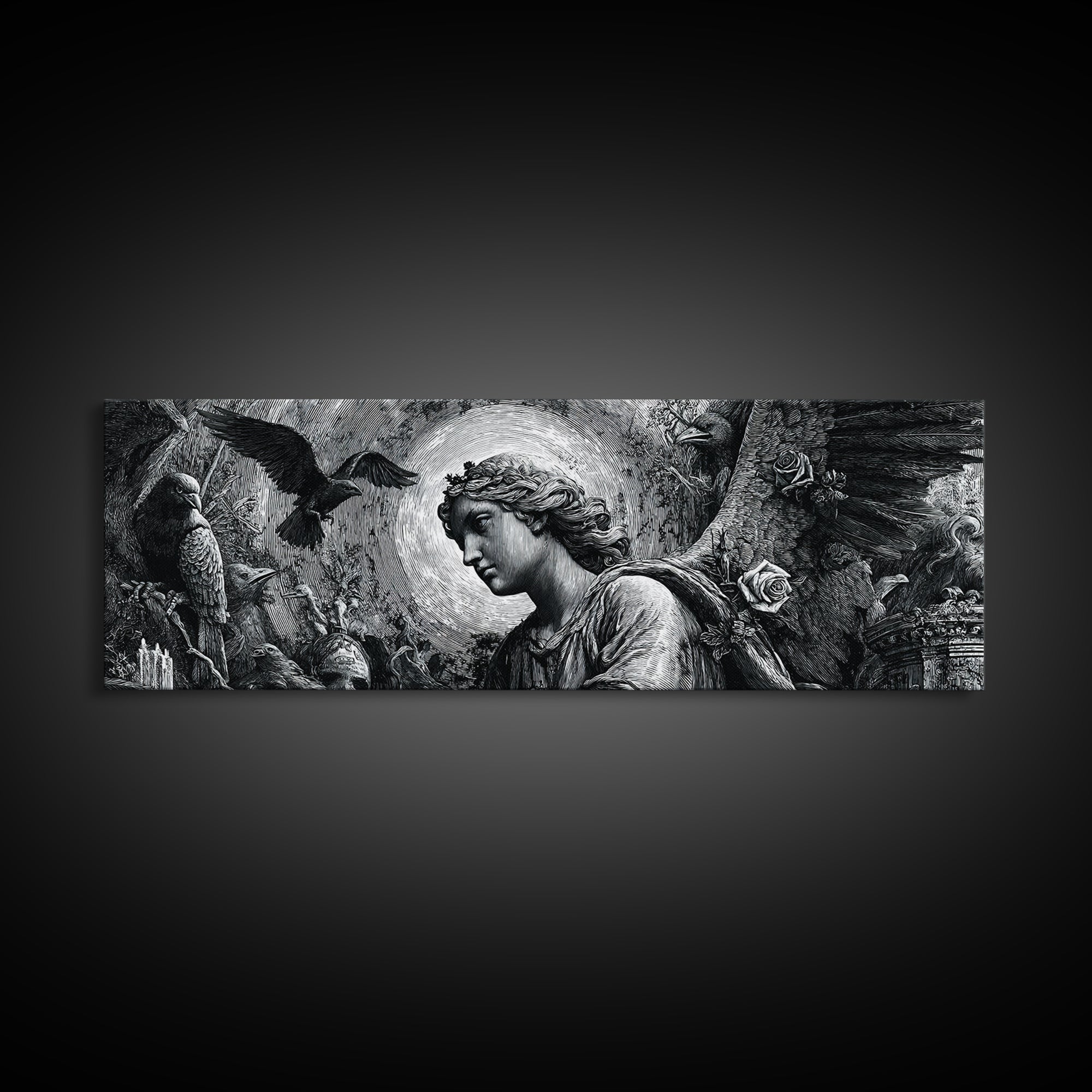 The Weeping Cemetery Angel, Renaissance Engraving Art, Extra Wide Wall Art, Dark Fantasy Wall Art, Canvas Print, Halloween Wall Art