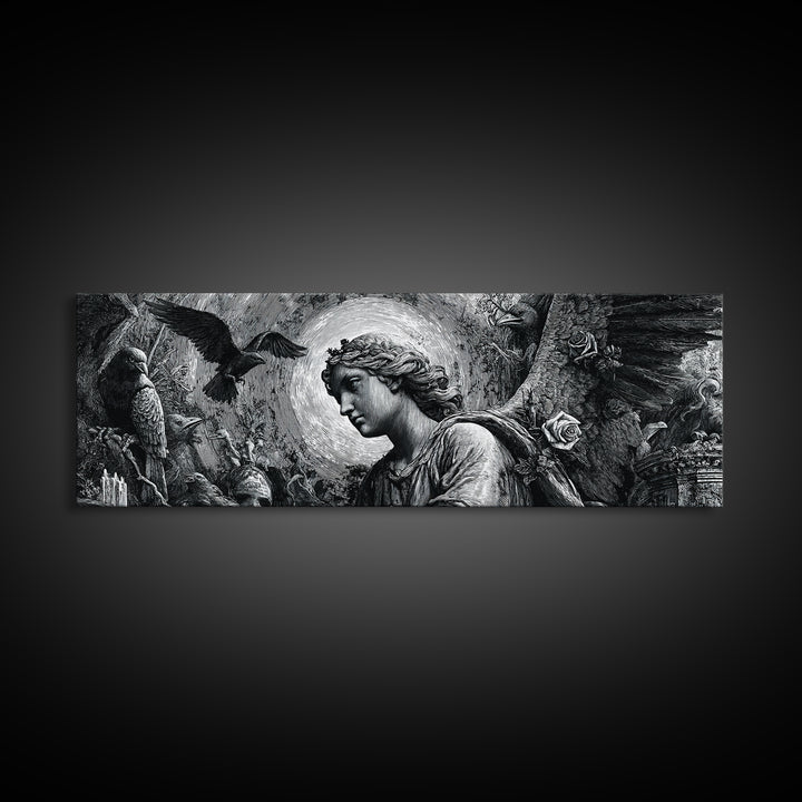 The Weeping Cemetery Angel, Renaissance Engraving Art, Extra Wide Wall Art, Dark Fantasy Wall Art, Canvas Print, Halloween Wall Art