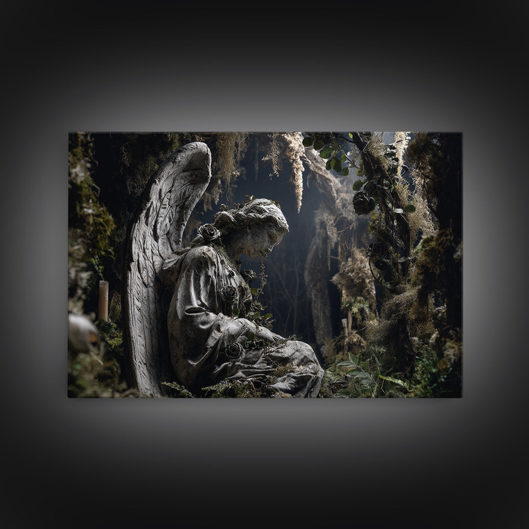 The Weeping Cemetery Angel, Baroque Witchcraft Art, Landscape Wall Art, Dark Halloween Decor, Canvas Print, Halloween Wall Art