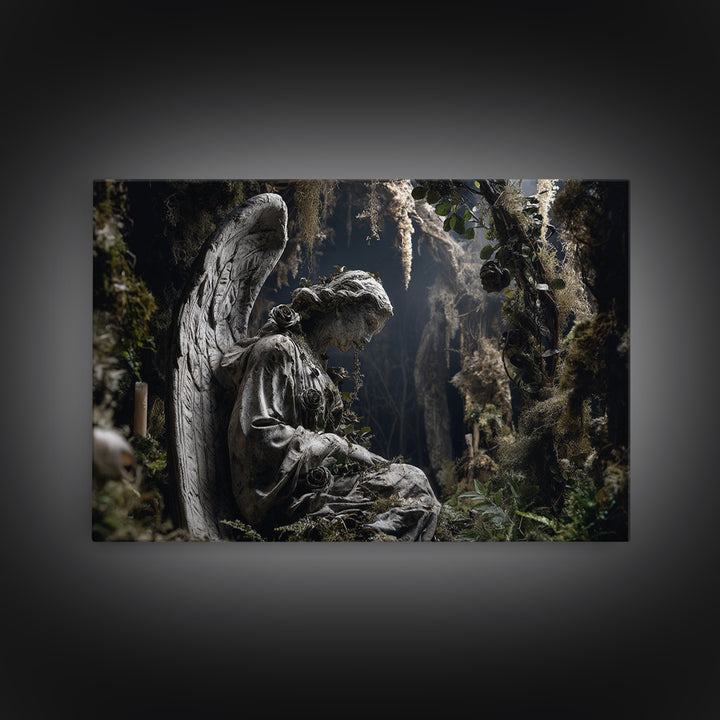 The Weeping Cemetery Angel, Baroque Witchcraft Art, Landscape Wall Art, Dark Halloween Decor, Canvas Print, Halloween Wall Art