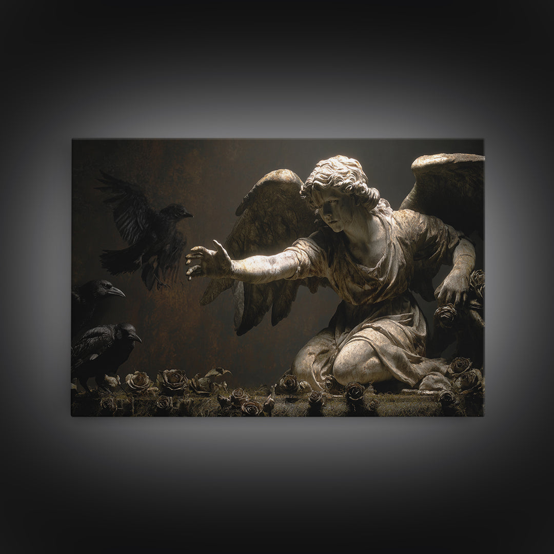 The Weeping Cemetery Angel, Dark Romantic Horror Art, Landscape Wall Art, Macabre Wall Art, Framed Canvas Print, Halloween Wall Art