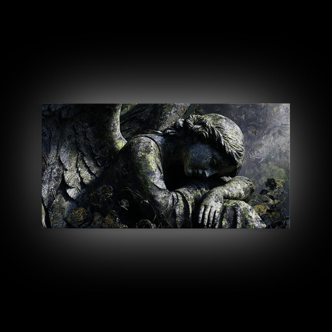 The Weeping Cemetery Angel, Visionary Gothic Art, Wide Panoramic Art, Macabre Wall Art, Framed Canvas Print, Halloween Wall Art