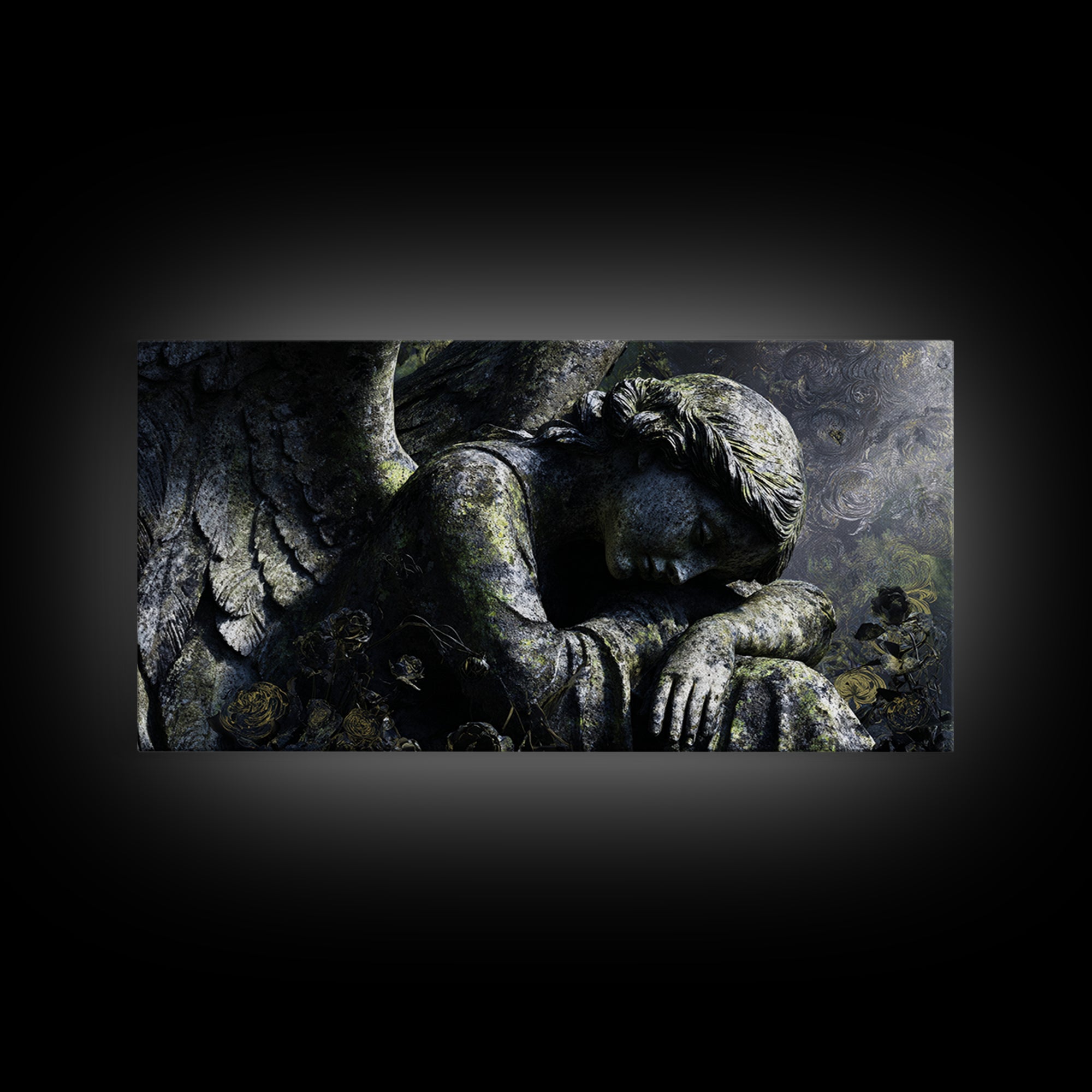 The Weeping Cemetery Angel, Visionary Gothic Art, Wide Panoramic Art, Macabre Wall Art, Framed Canvas Print, Halloween Wall Art