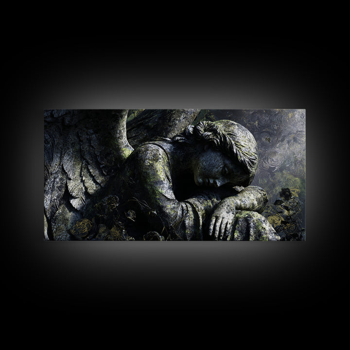 The Weeping Cemetery Angel, Visionary Gothic Art, Wide Panoramic Art, Macabre Wall Art, Framed Canvas Print, Halloween Wall Art