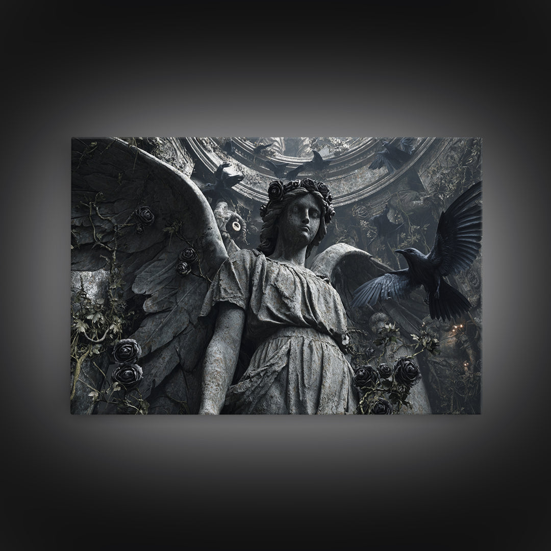 The Weeping Cemetery Angel, Architectural Etching Art, Landscape Wall Art, Dark Fantasy Wall Art, Canvas Print