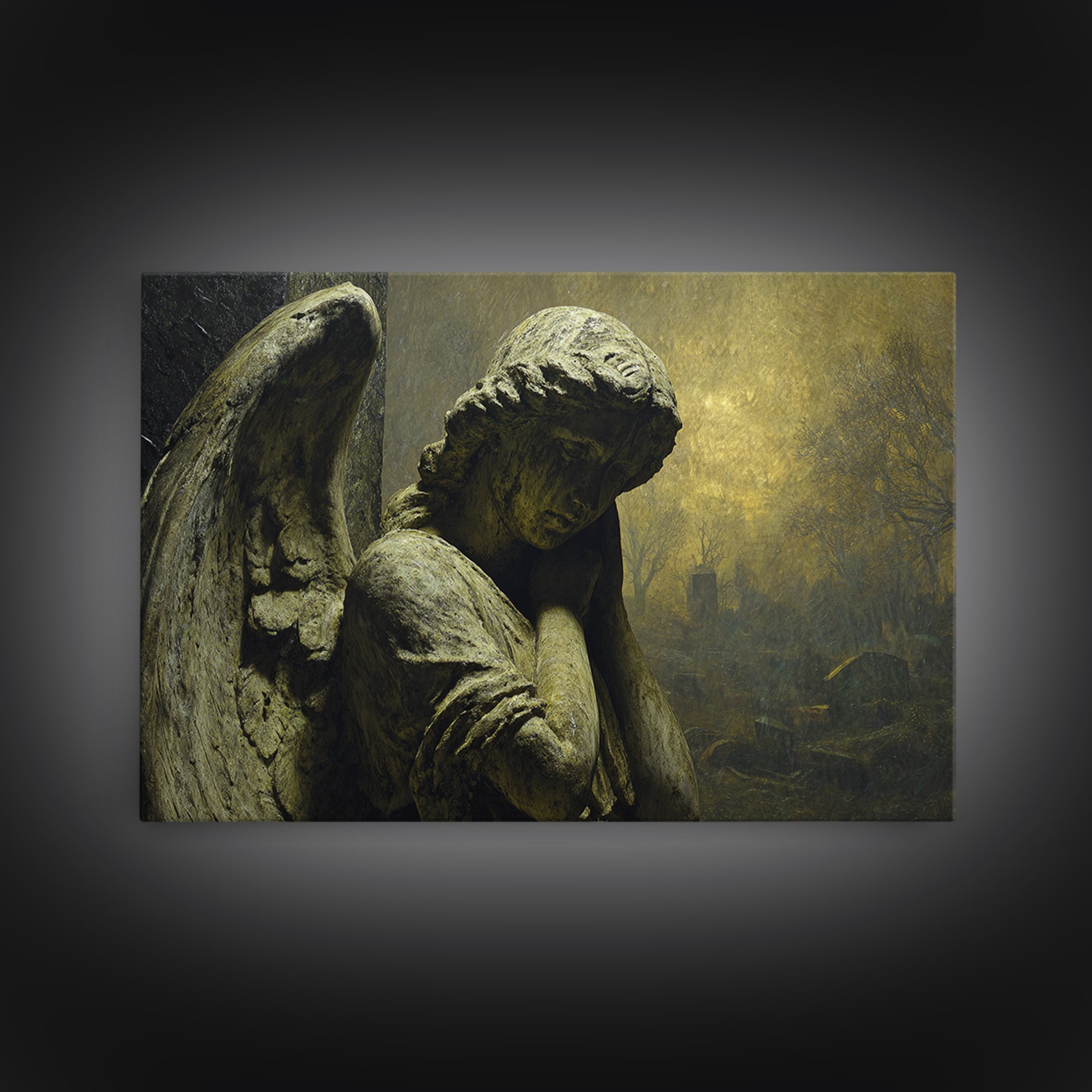 The Weeping Cemetery Angel, Romantic Gothic Landscape, Landscape Wall Art, Dark Fantasy Wall Art, Framed Canvas Print