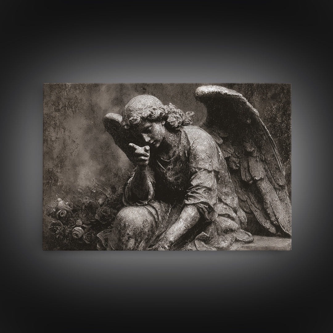 The Weeping Cemetery Angel, Symbolist Dream Art, Landscape Wall Art, Dark Fantasy Wall Art, Canvas Print, Halloween Wall Art