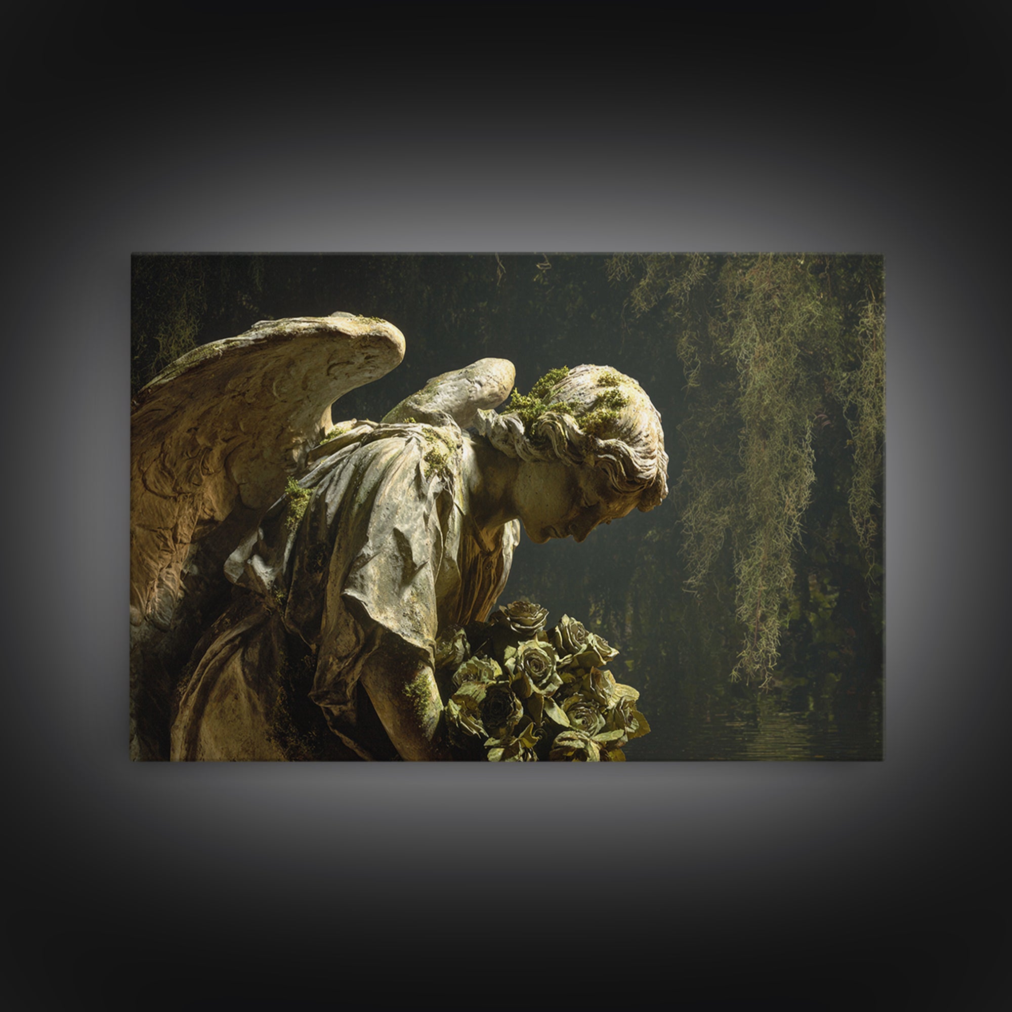The Weeping Cemetery Angel, Symbolist Gothic Landscape, Landscape Wall Art, Dark Fantasy Wall Art, Framed Canvas Print, Halloween Wall Art