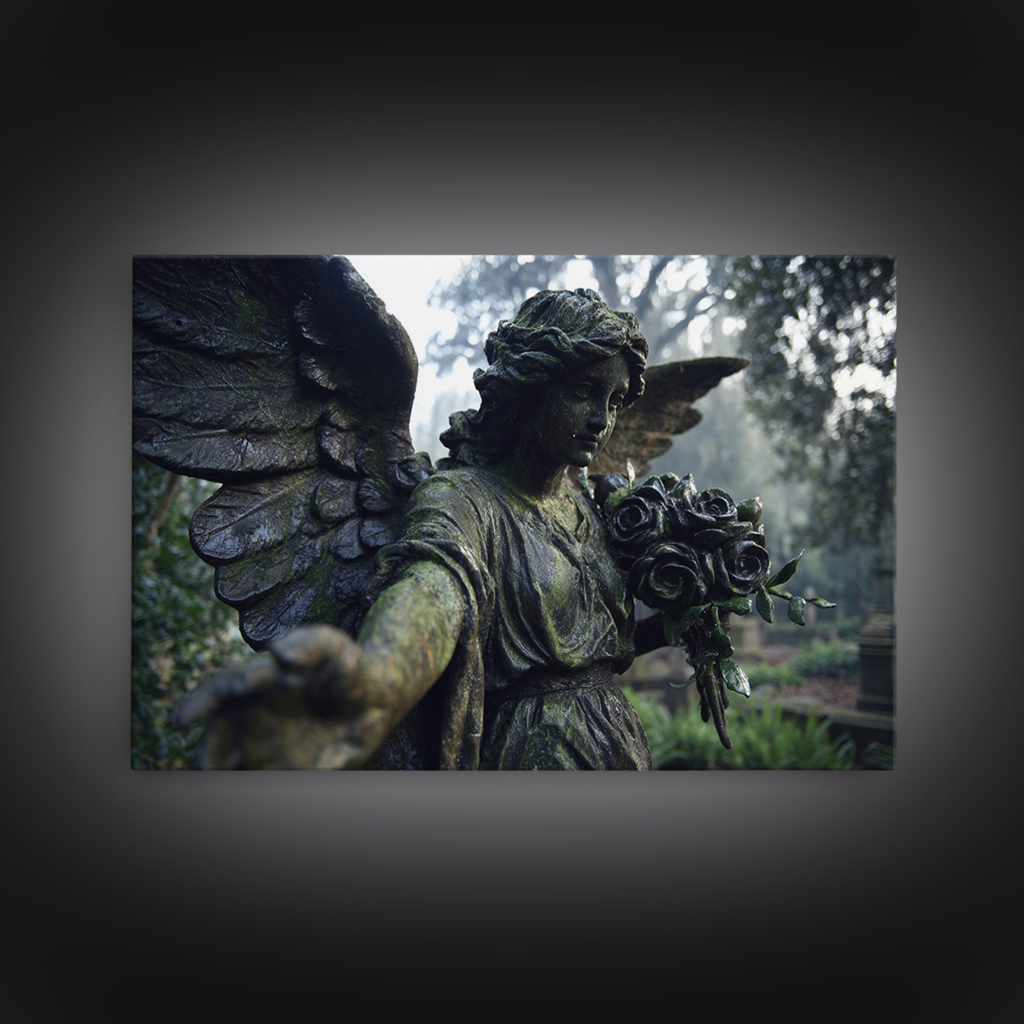 The Weeping Cemetery Angel, Symbolist Etching Art, Landscape Wall Art, Dark Fantasy Wall Art, Canvas Print, Halloween Wall Art