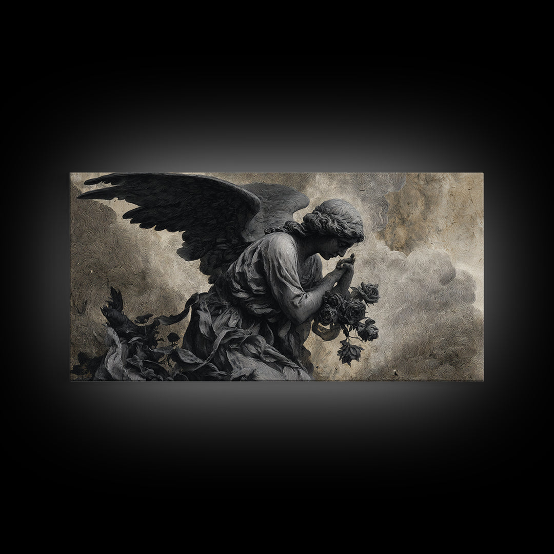 The Weeping Cemetery Angel, Expressionist Nightmare Art, Wide Panoramic Art, Gothic Horror Wall Art, Framed Canvas Print, Halloween Wall Art