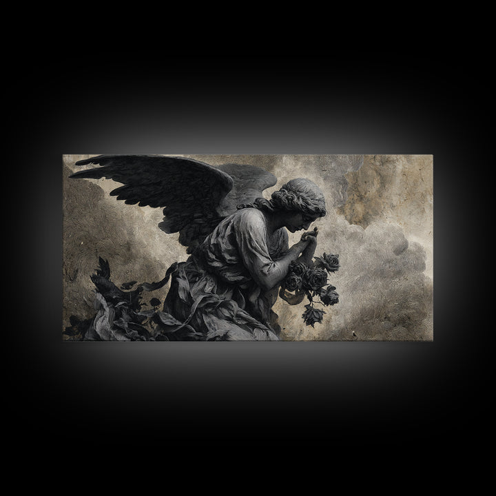 The Weeping Cemetery Angel, Expressionist Nightmare Art, Wide Panoramic Art, Gothic Horror Wall Art, Framed Canvas Print, Halloween Wall Art