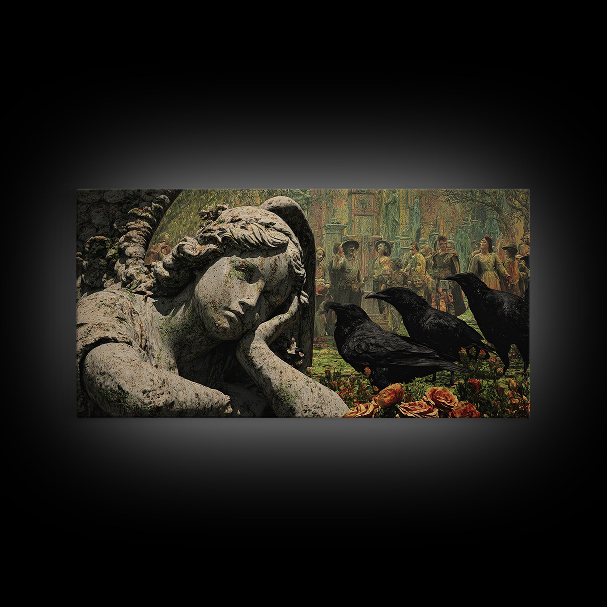 The Weeping Cemetery Angel, Grotesque Carnival Art, Wide Panoramic Art, Dark Halloween Decor, Framed Canvas Print, Halloween Wall Art