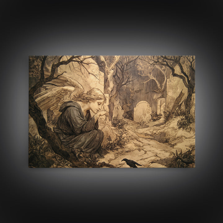 The Weeping Cemetery Angel, Gothic Storybook Art, Landscape Wall Art, Dark Fantasy Wall Art, Canvas Print, Halloween Wall Art