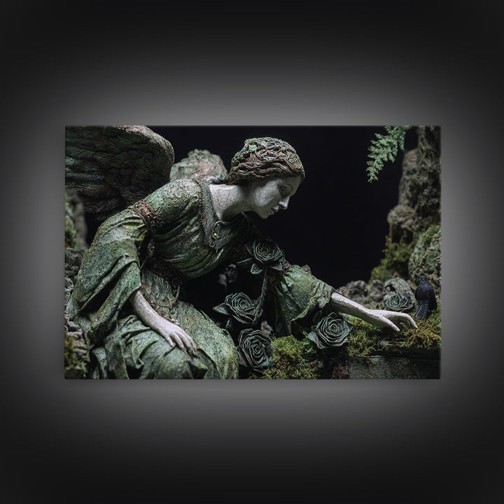 The Weeping Cemetery Angel, Stained Glass Gothic Art, Landscape Wall Art, Dark Fantasy Wall Art, Framed Canvas Print, Halloween Wall Art