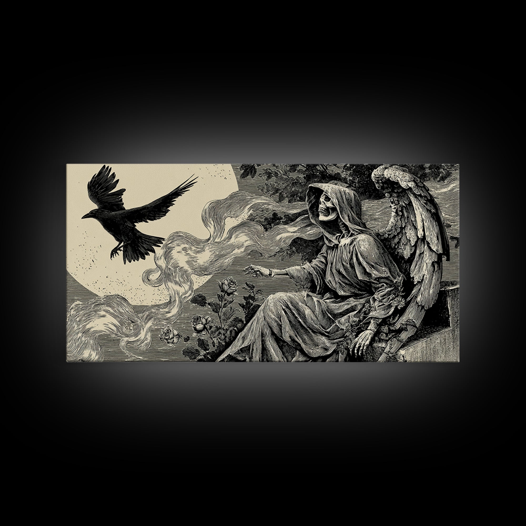The Weeping Cemetery Angel, Macabre Folk Print Art, Wide Panoramic Art, Macabre Wall Art, Canvas Print, Halloween Wall Art