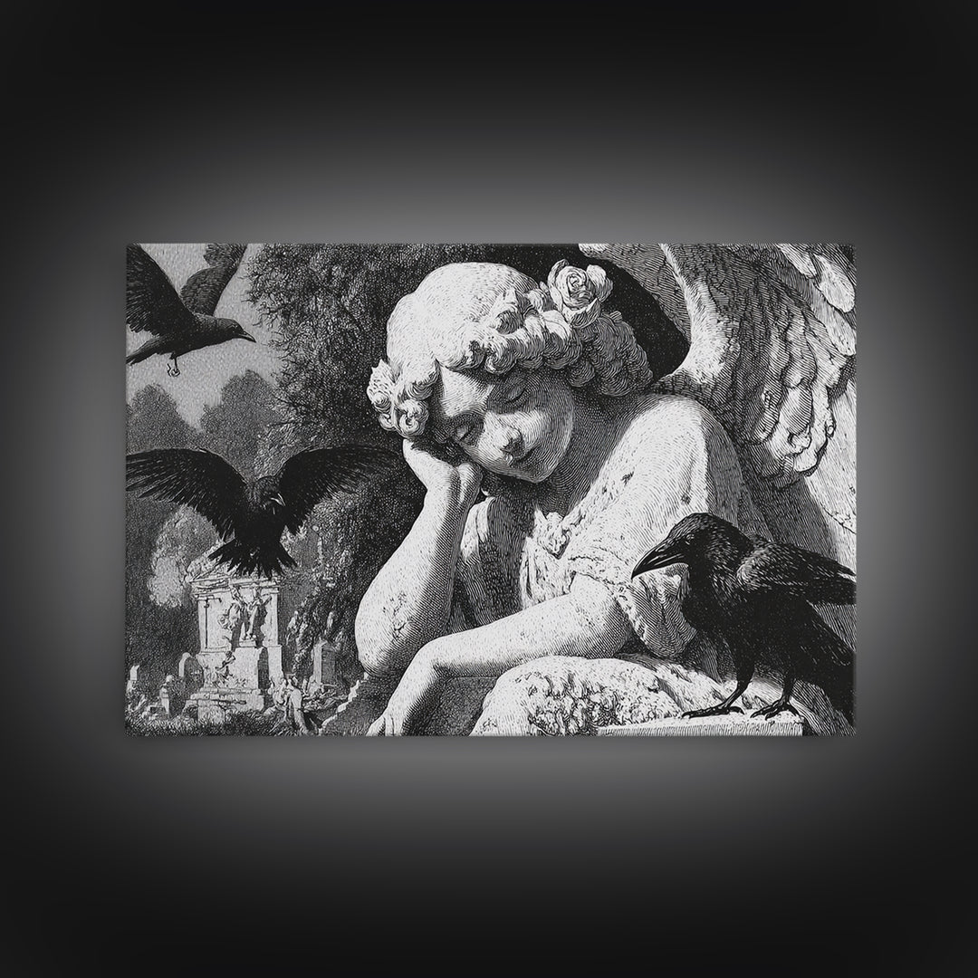 The Weeping Cemetery Angel, Victorian Macabre Art, Landscape Wall Art, Dark Fantasy Wall Art, Framed Canvas Print, Halloween Wall Art
