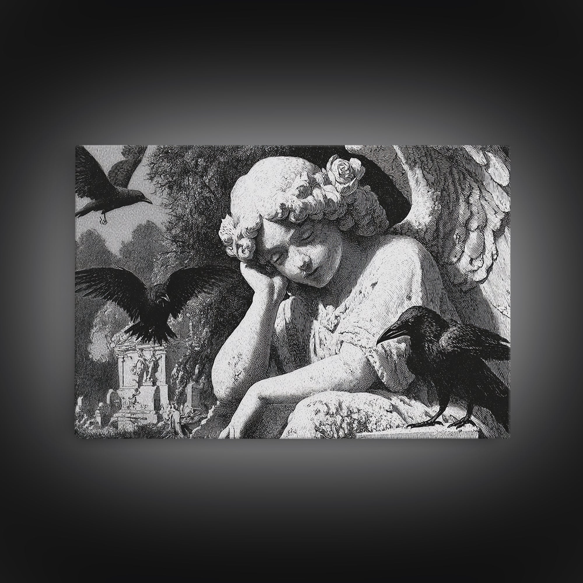 The Weeping Cemetery Angel, Victorian Macabre Art, Landscape Wall Art, Dark Fantasy Wall Art, Framed Canvas Print, Halloween Wall Art