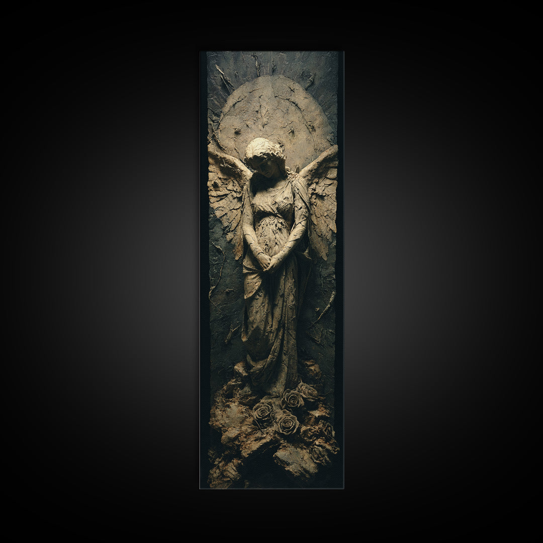 The Weeping Cemetery Angel, Surreal Apocalyptic Art, Tall Narrow Wall Art, Dark Halloween Decor, Framed Canvas Print