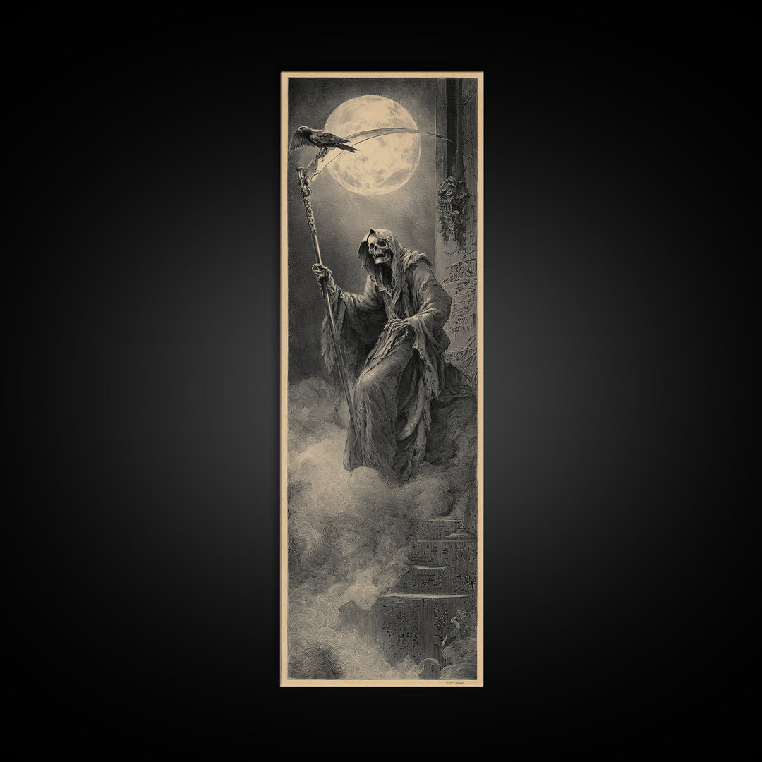 The Fog-Bound Reaper, Gothic Engraving Art, Tall Narrow Wall Art, Dark Halloween Decor, Framed Canvas Print, Halloween Wall Art
